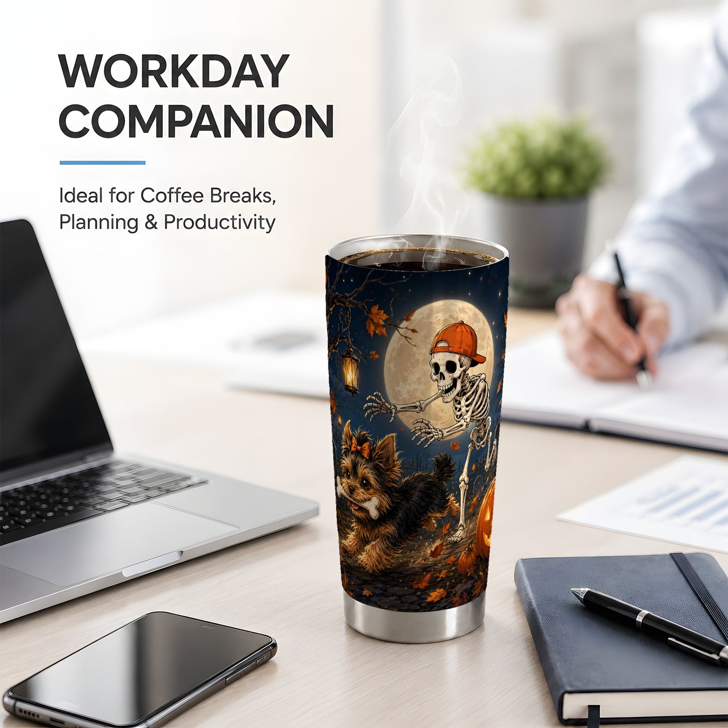 #pl[20oz|Steel] Skeleton Yorkie Chase 20oz Tumbler, Moonlit Halloween Art for Dog Lovers