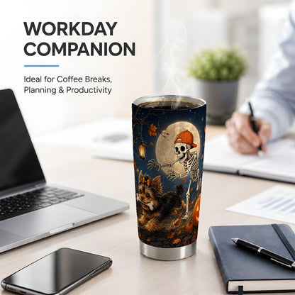 #pl[20oz|Steel] Skeleton Yorkie Chase 20oz Tumbler, Moonlit Halloween Art for Dog Lovers