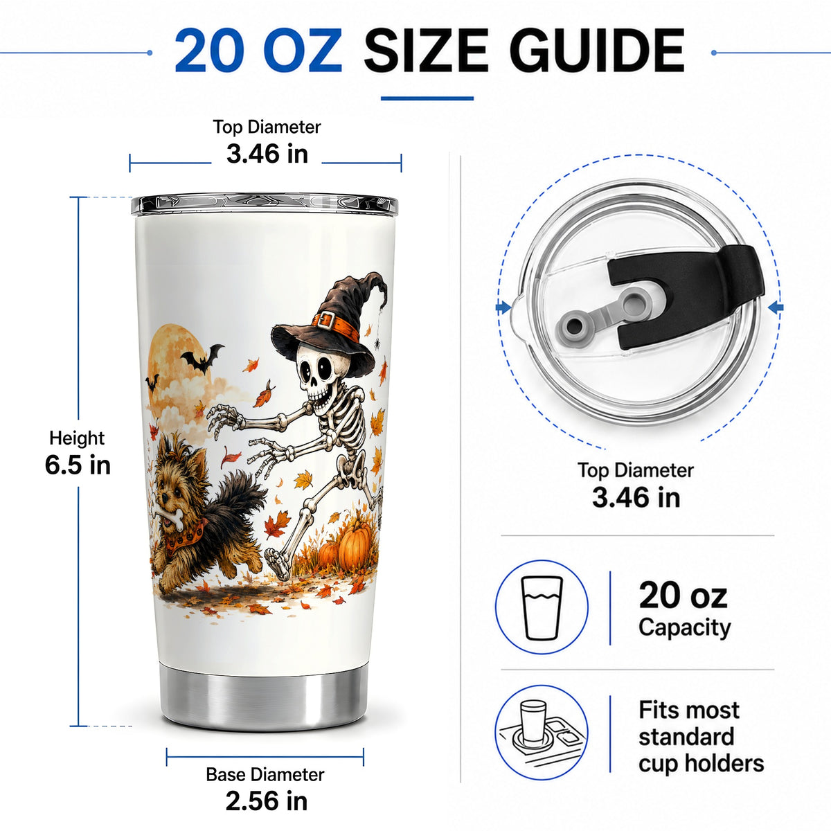 #pl[20oz|Steel] Witch Hat Skeleton Yorkie 20oz Tumbler, Halloween Art for Dog Lovers
