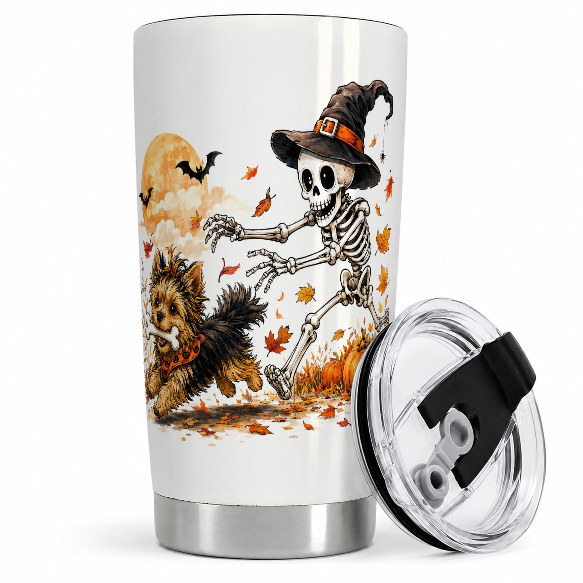 Witch Hat Skeleton Yorkie 20oz Tumbler, Halloween Art for Dog Lovers