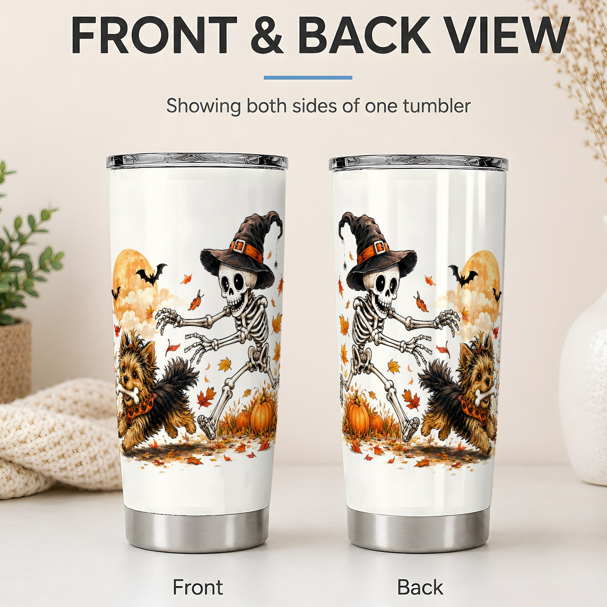 #pl[20oz|Steel] Witch Hat Skeleton Yorkie 20oz Tumbler, Halloween Art for Dog Lovers