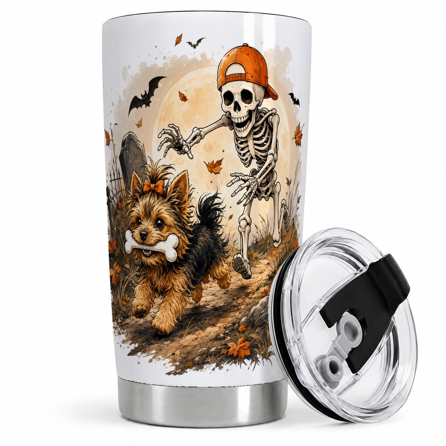 Graveyard Skeleton Yorkie 20oz Tumbler, Halloween Art for Dog Lovers