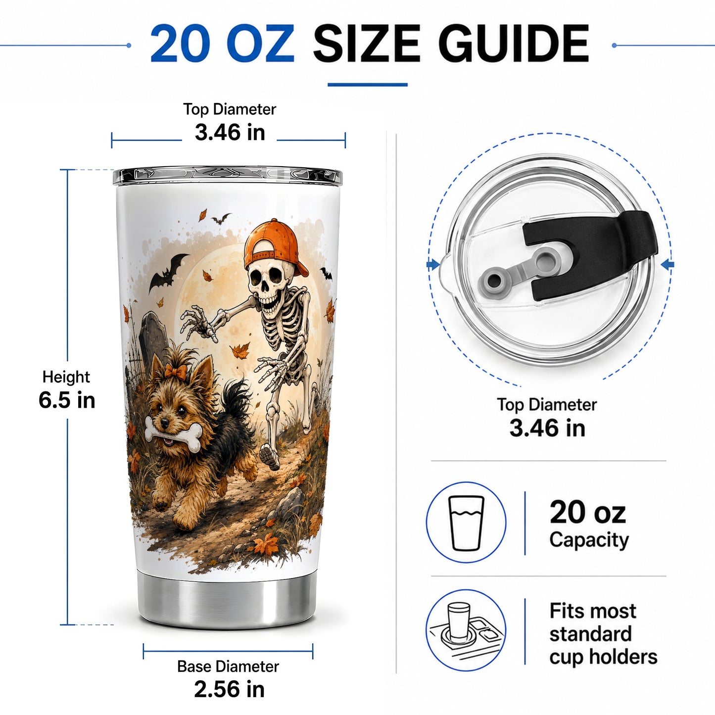#pl[20oz|Steel] Graveyard Skeleton Yorkie 20oz Tumbler, Halloween Art for Dog Lovers