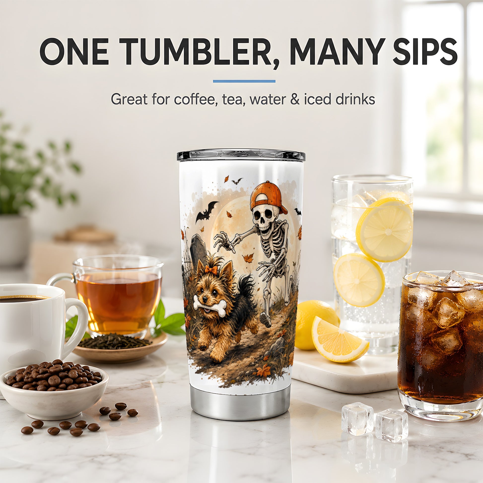 #pl[20oz|Steel] Graveyard Skeleton Yorkie 20oz Tumbler, Halloween Art for Dog Lovers