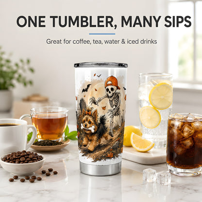 #pl[20oz|Steel] Graveyard Skeleton Yorkie 20oz Tumbler, Halloween Art for Dog Lovers