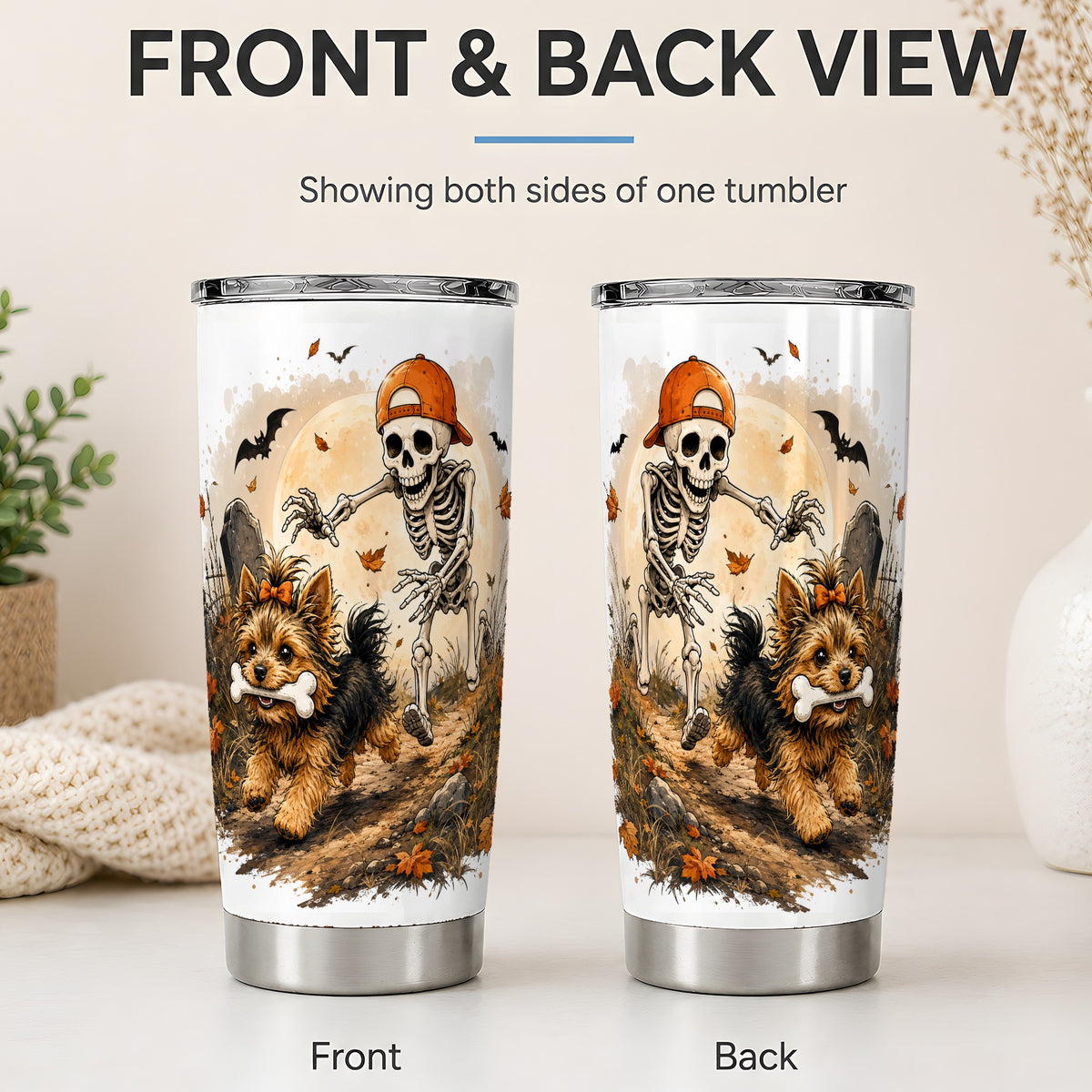 #pl[20oz|Steel] Graveyard Skeleton Yorkie 20oz Tumbler, Halloween Art for Dog Lovers