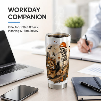 #pl[20oz|Steel] Graveyard Skeleton Yorkie 20oz Tumbler, Halloween Art for Dog Lovers