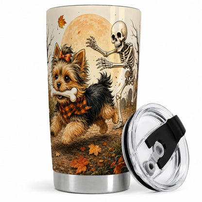 Autumn Moon Yorkie Chase 20oz Tumbler, Skeleton Art for Dog Lovers