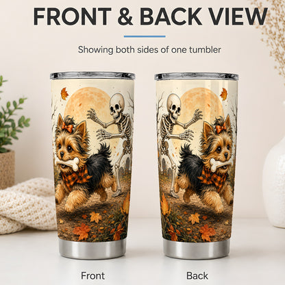 #pl[20oz|Steel] Autumn Moon Yorkie Chase 20oz Tumbler, Skeleton Art for Dog Lovers