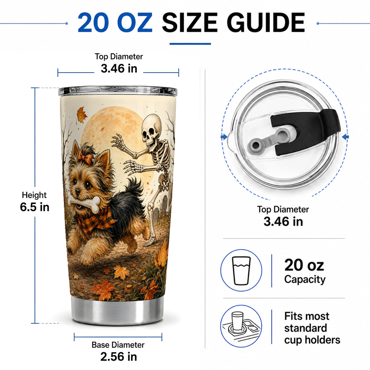 #pl[20oz|Steel] Autumn Moon Yorkie Chase 20oz Tumbler, Skeleton Art for Dog Lovers
