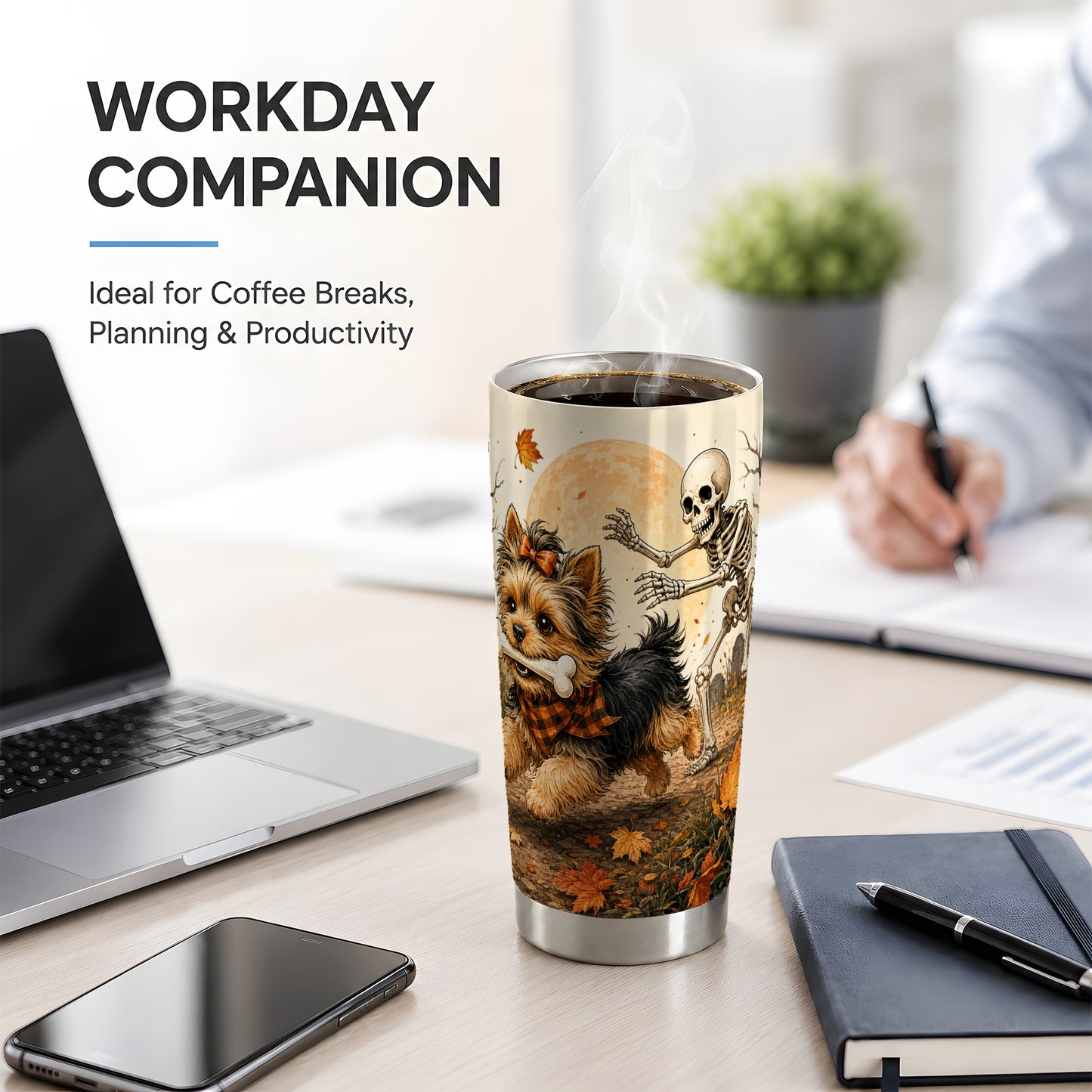 #pl[20oz|Steel] Autumn Moon Yorkie Chase 20oz Tumbler, Skeleton Art for Dog Lovers