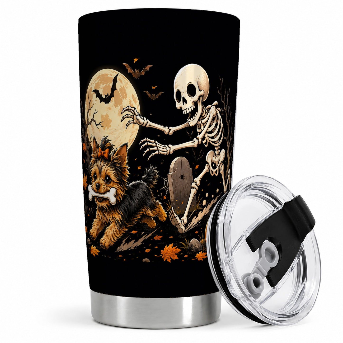 Night Graveyard Yorkie 20oz Tumbler, Halloween Art for Dog Lovers
