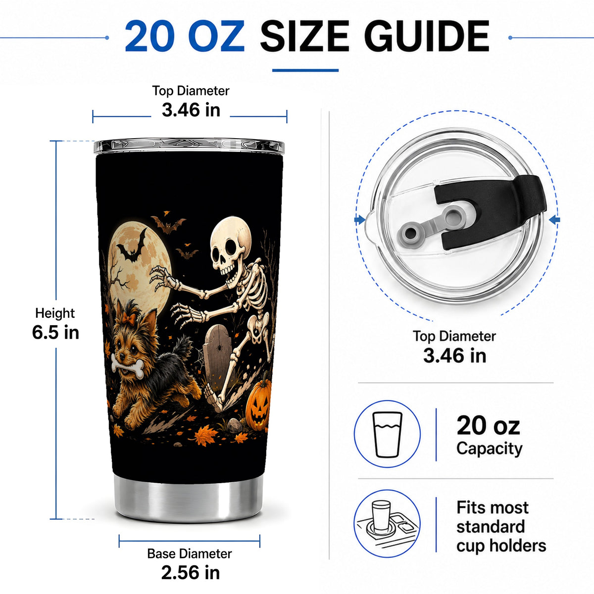 #pl[20oz|Steel] Night Graveyard Yorkie 20oz Tumbler, Halloween Art for Dog Lovers