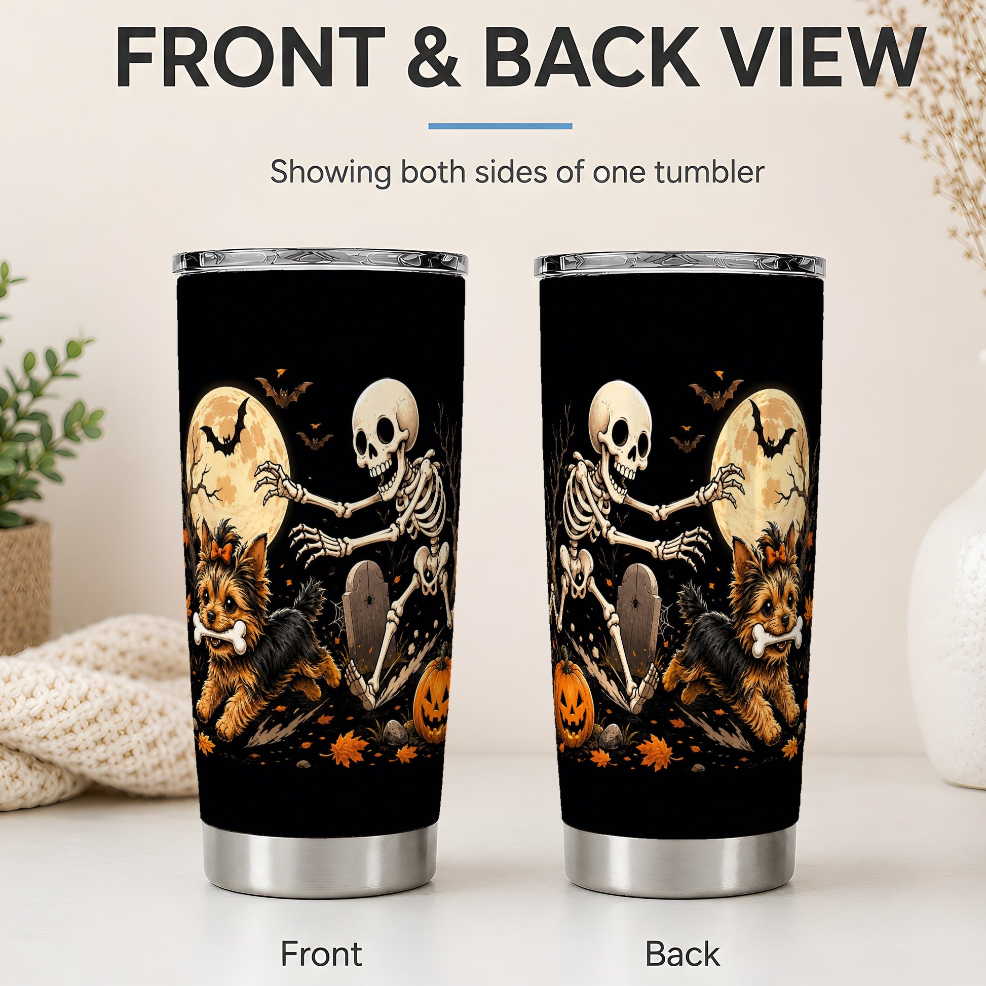 #pl[20oz|Steel] Night Graveyard Yorkie 20oz Tumbler, Halloween Art for Dog Lovers