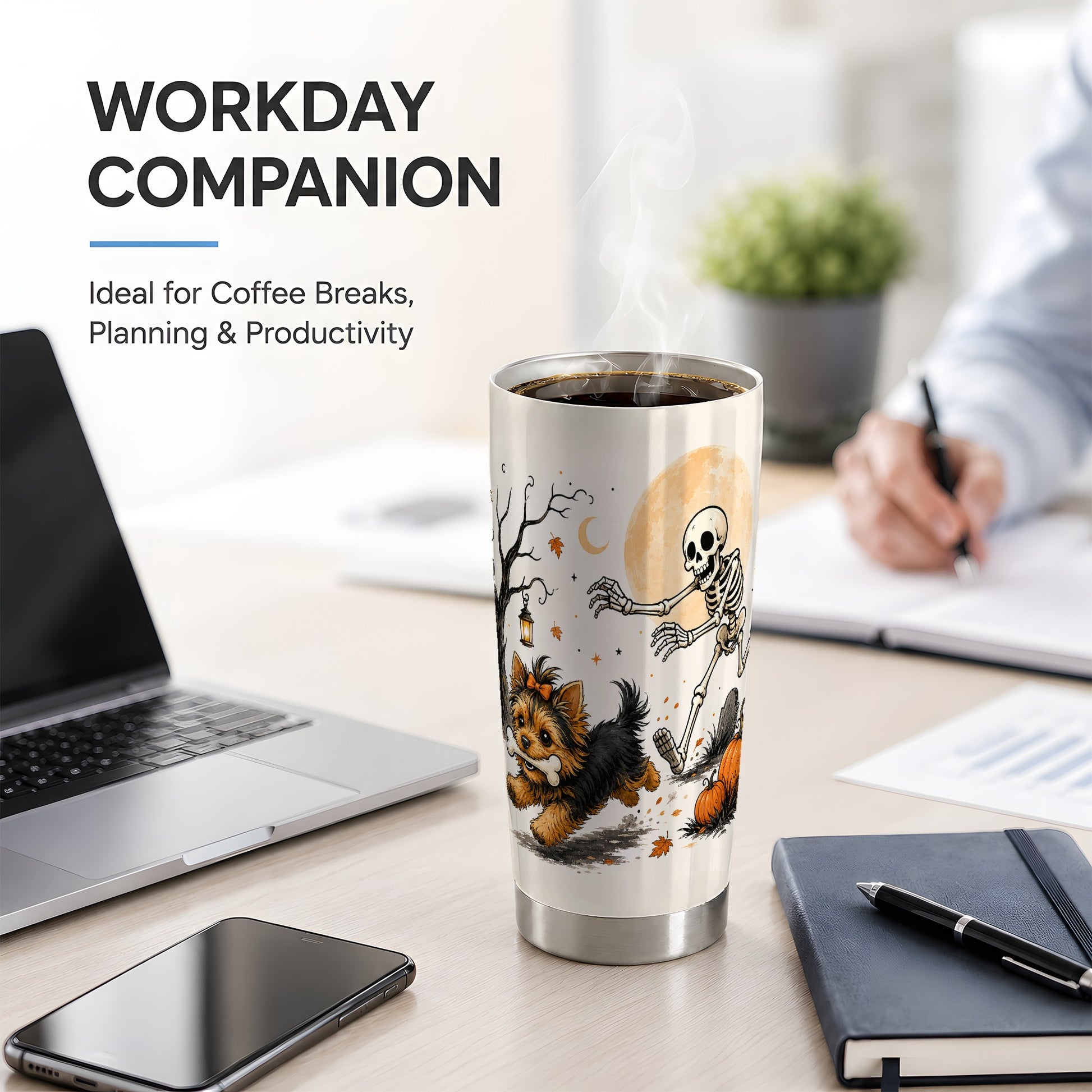 #pl[20oz|Steel] Lantern Graveyard Yorkie 20oz Tumbler, Halloween Art for Dog Lovers