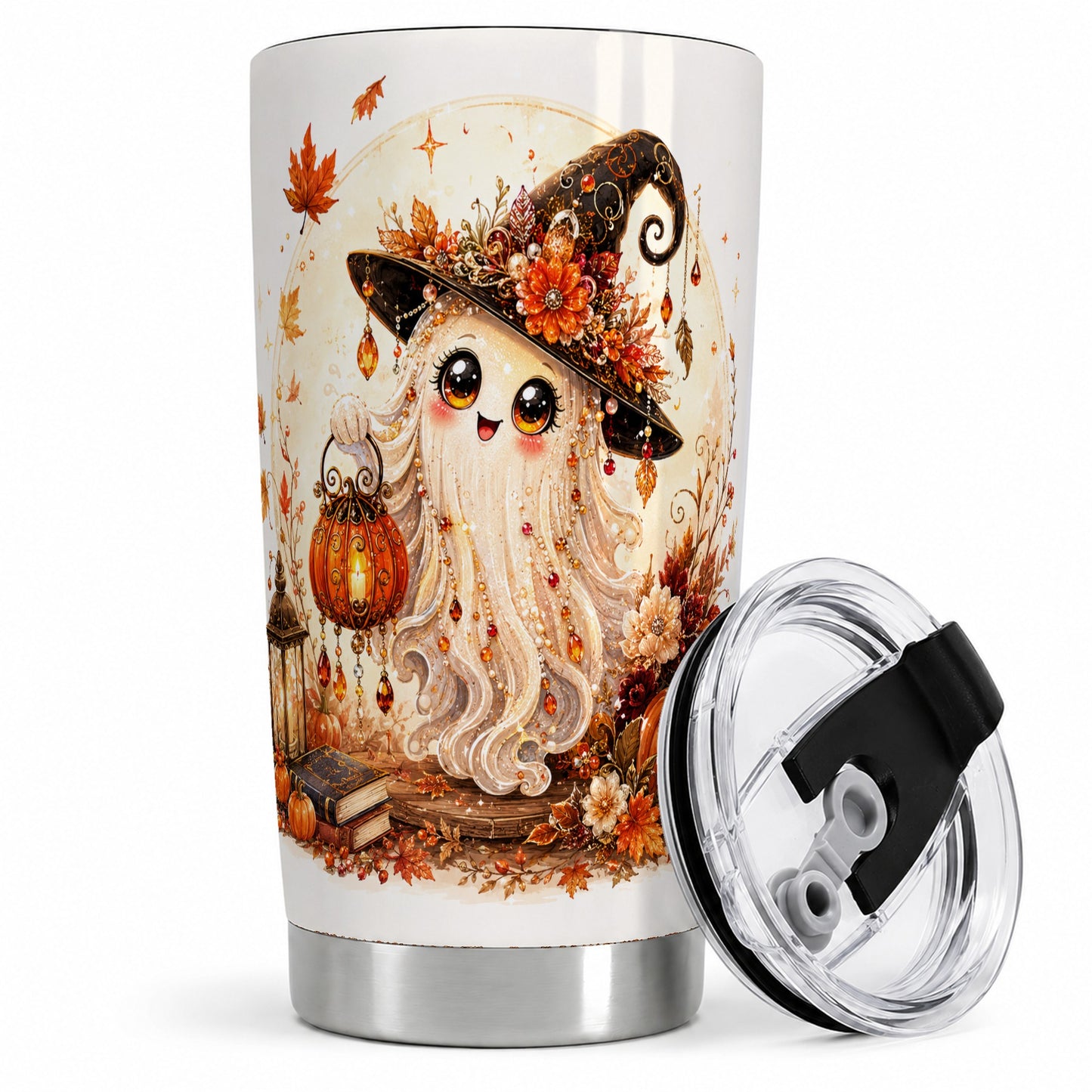 Autumn Witch Ghost 20oz Tumbler, Pumpkin Lantern Art for Ghost Fans