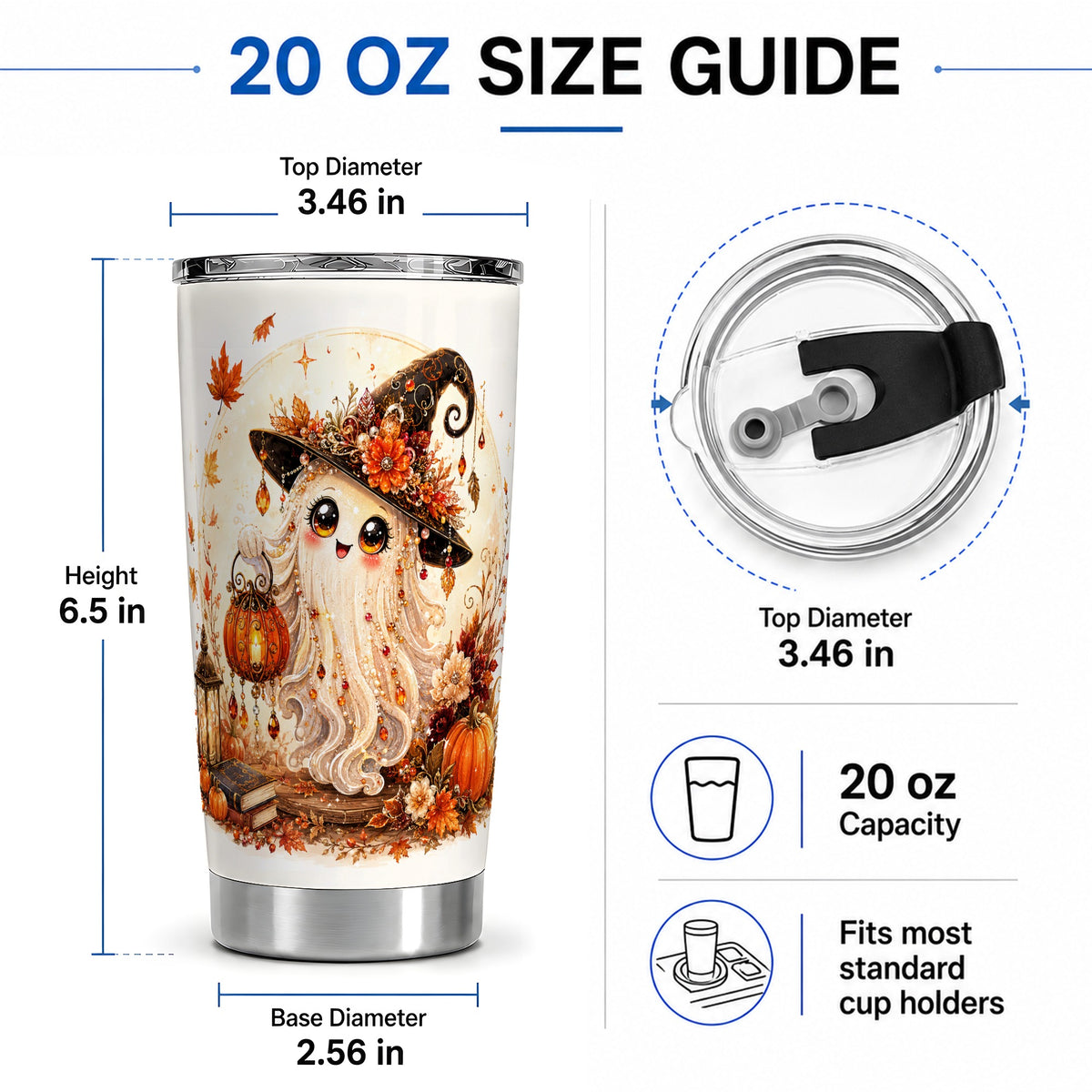 #pl[20oz|Steel] Autumn Witch Ghost 20oz Tumbler, Pumpkin Lantern Art for Ghost Fans
