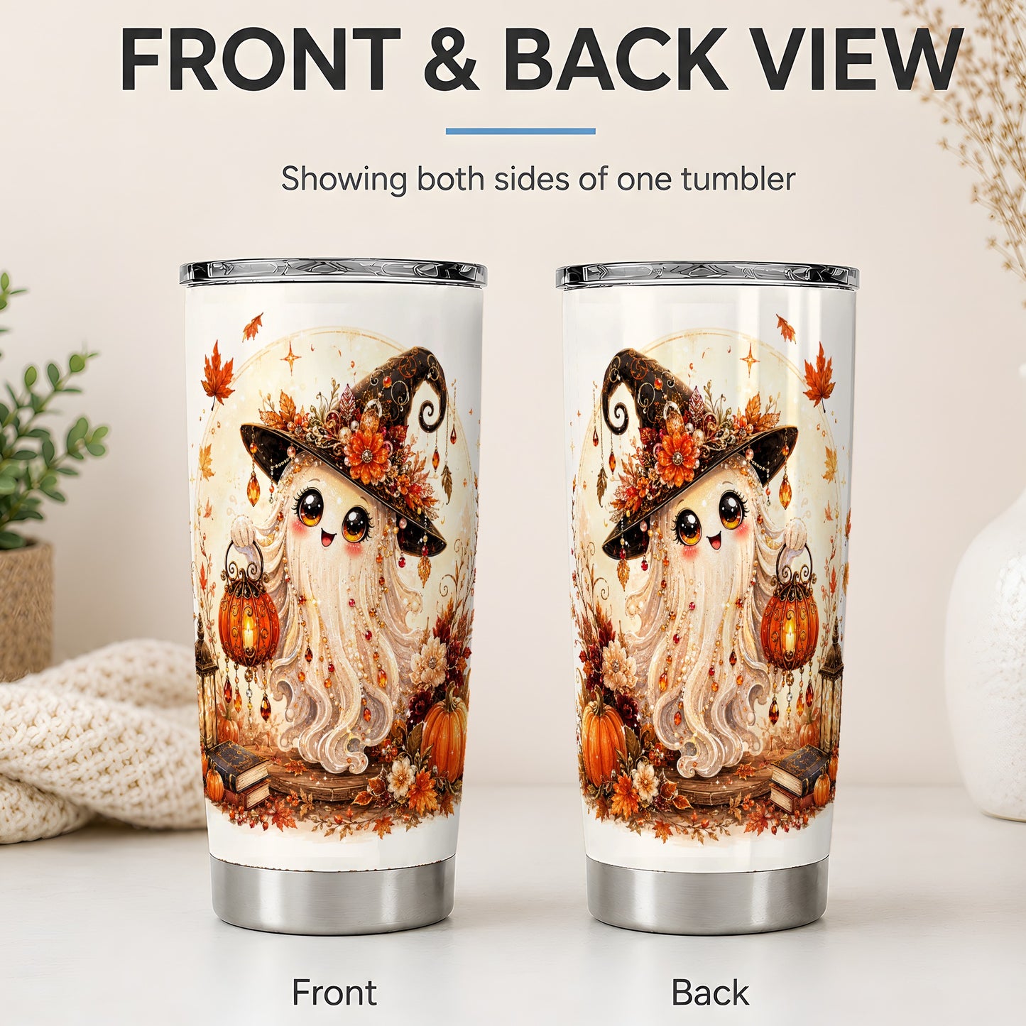#pl[20oz|Steel] Autumn Witch Ghost 20oz Tumbler, Pumpkin Lantern Art for Ghost Fans