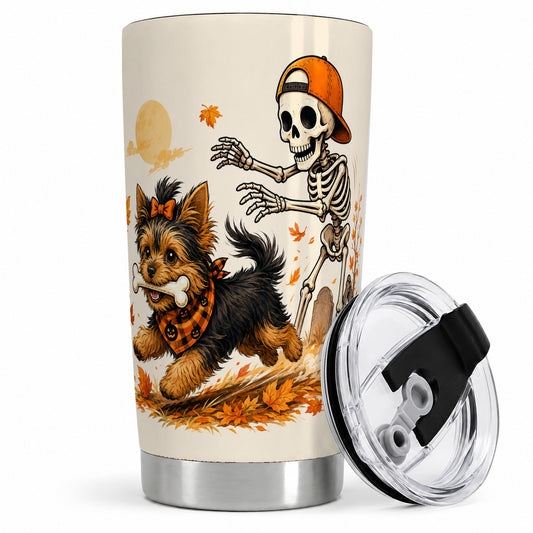 Orange Cap Skeleton Yorkie 20oz Tumbler, Autumn Art for Dog Lovers
