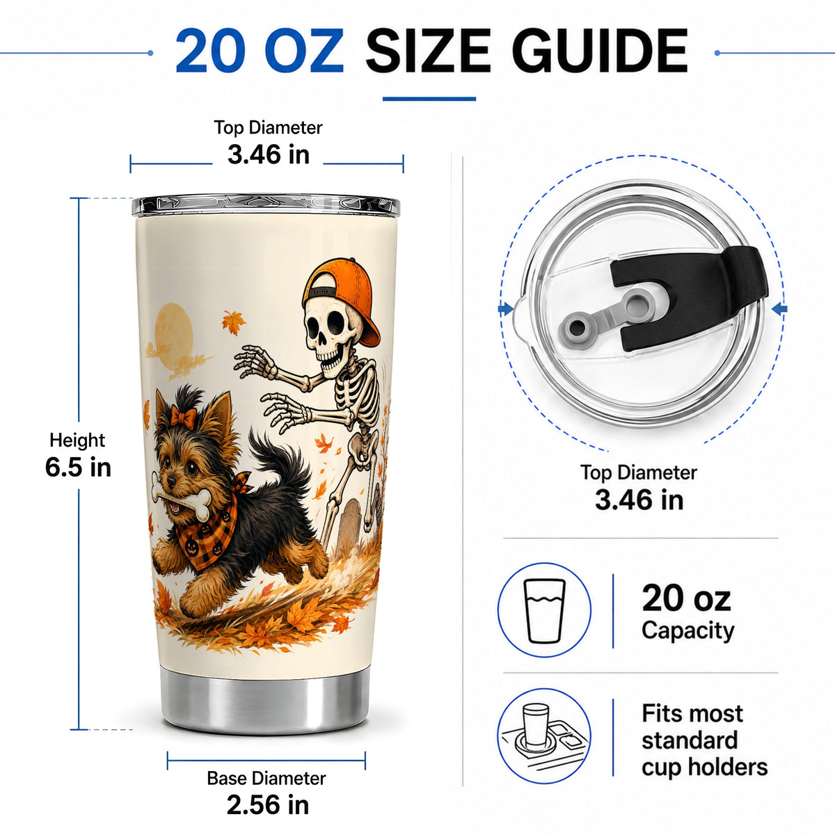 #pl[20oz|Steel] Orange Cap Skeleton Yorkie 20oz Tumbler, Autumn Art for Dog Lovers