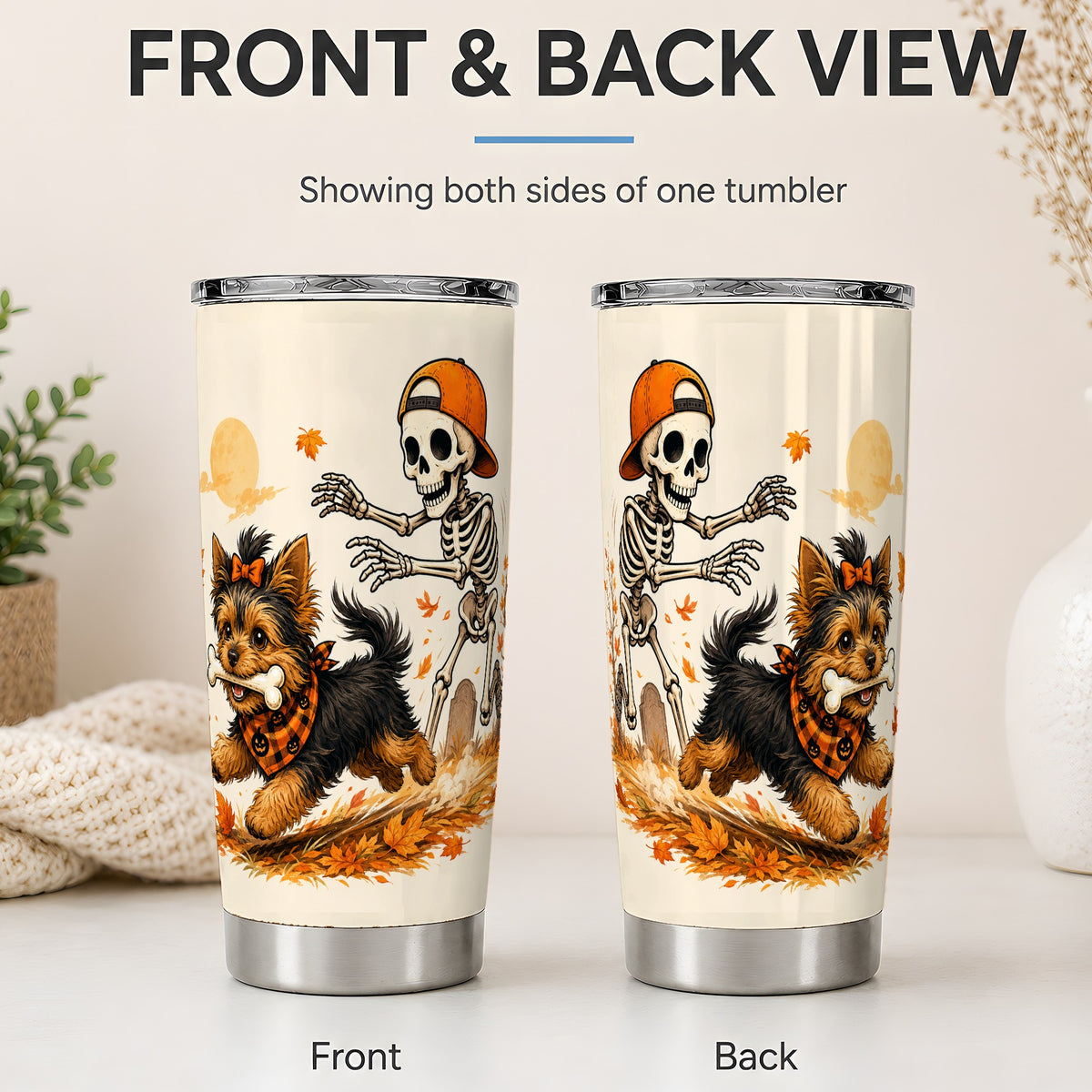 #pl[20oz|Steel] Orange Cap Skeleton Yorkie 20oz Tumbler, Autumn Art for Dog Lovers