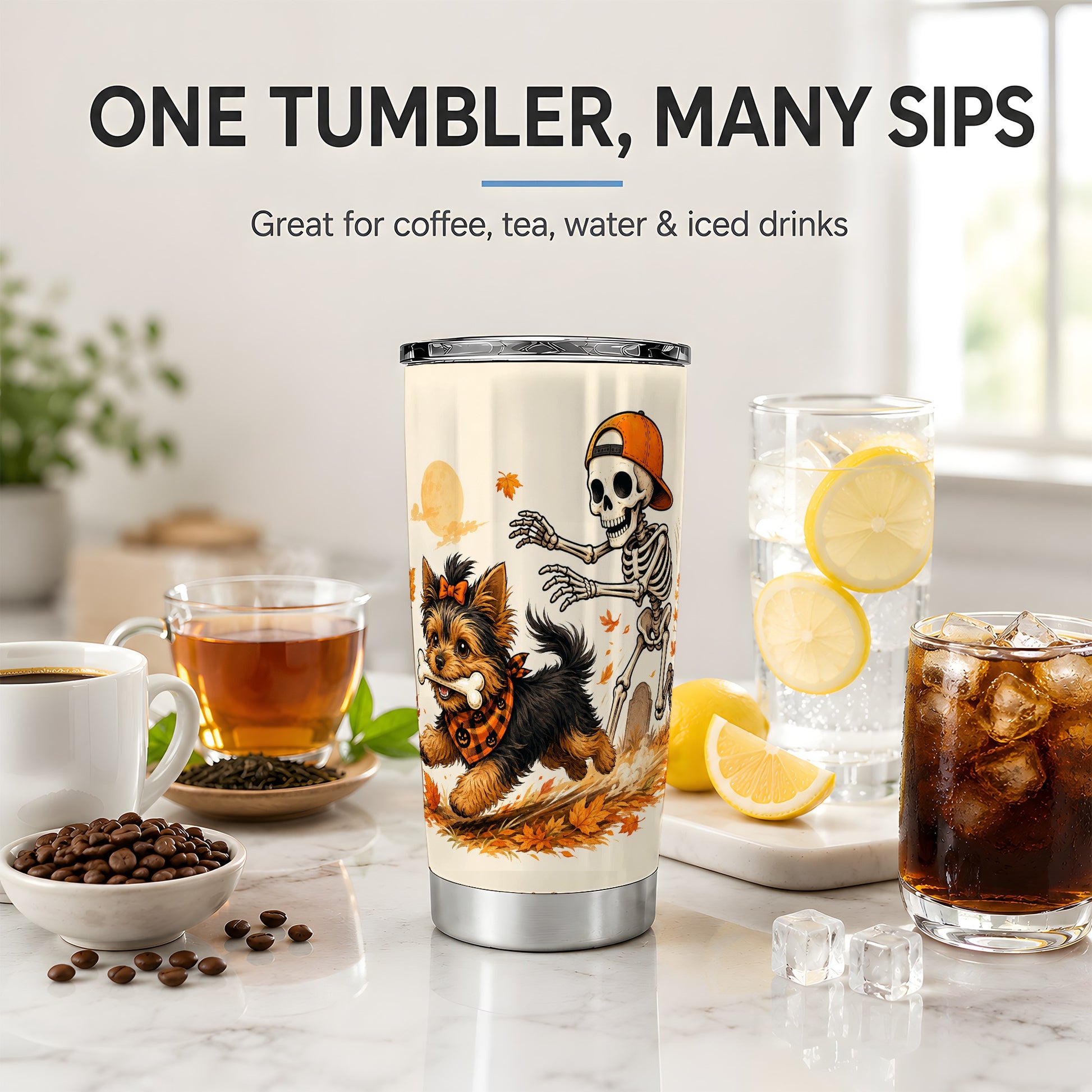 #pl[20oz|Steel] Orange Cap Skeleton Yorkie 20oz Tumbler, Autumn Art for Dog Lovers