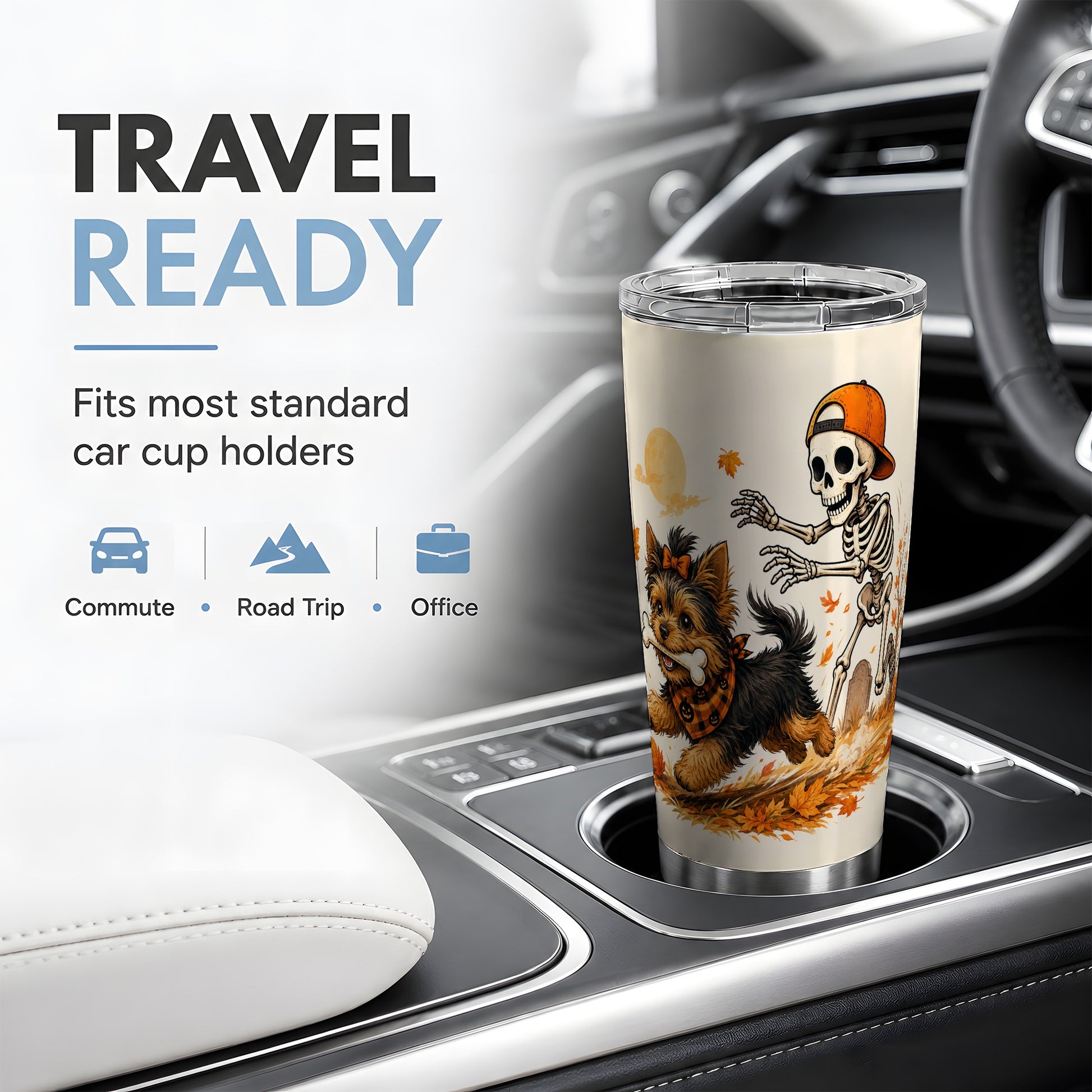 #pl[20oz|Steel] Orange Cap Skeleton Yorkie 20oz Tumbler, Autumn Art for Dog Lovers