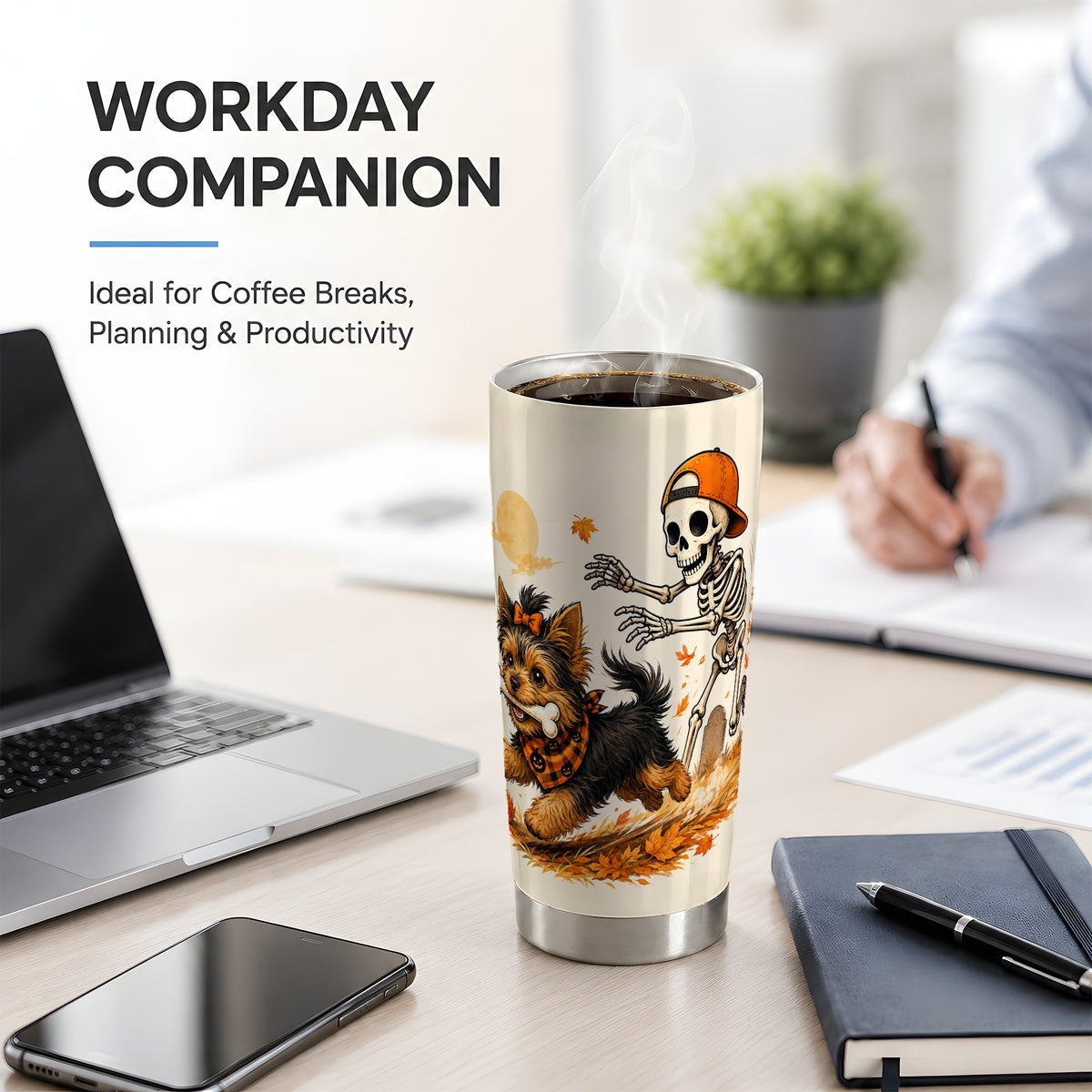 #pl[20oz|Steel] Orange Cap Skeleton Yorkie 20oz Tumbler, Autumn Art for Dog Lovers