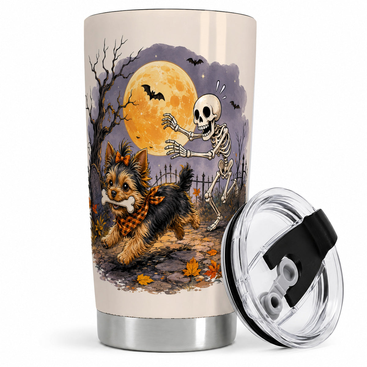 Moonlit Graveyard Yorkie 20oz Tumbler, Halloween Art for Dog Lovers
