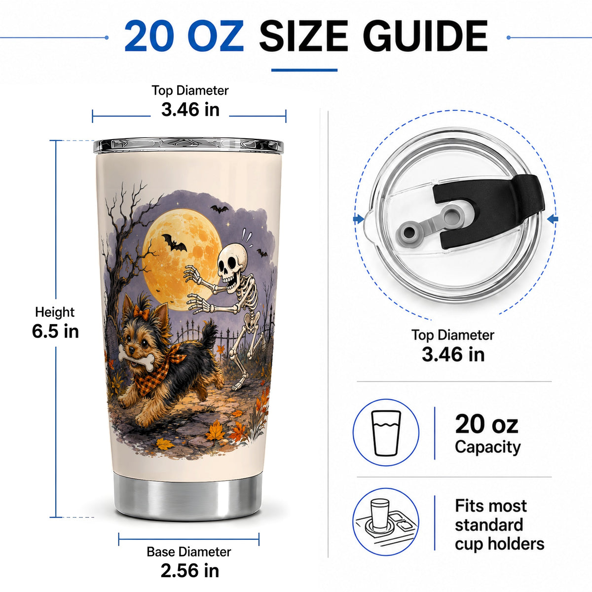 #pl[20oz|Steel] Moonlit Graveyard Yorkie 20oz Tumbler, Halloween Art for Dog Lovers