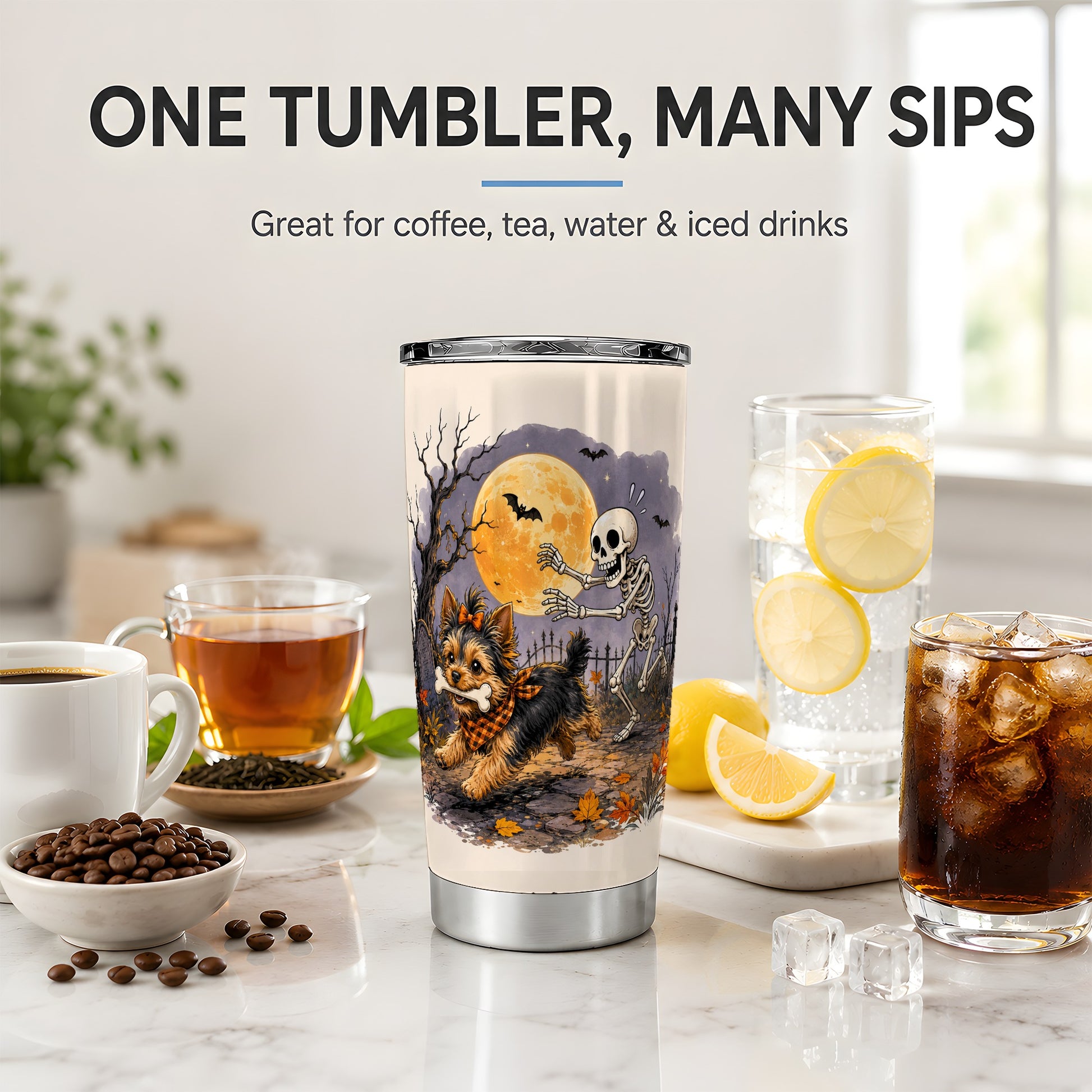 #pl[20oz|Steel] Moonlit Graveyard Yorkie 20oz Tumbler, Halloween Art for Dog Lovers