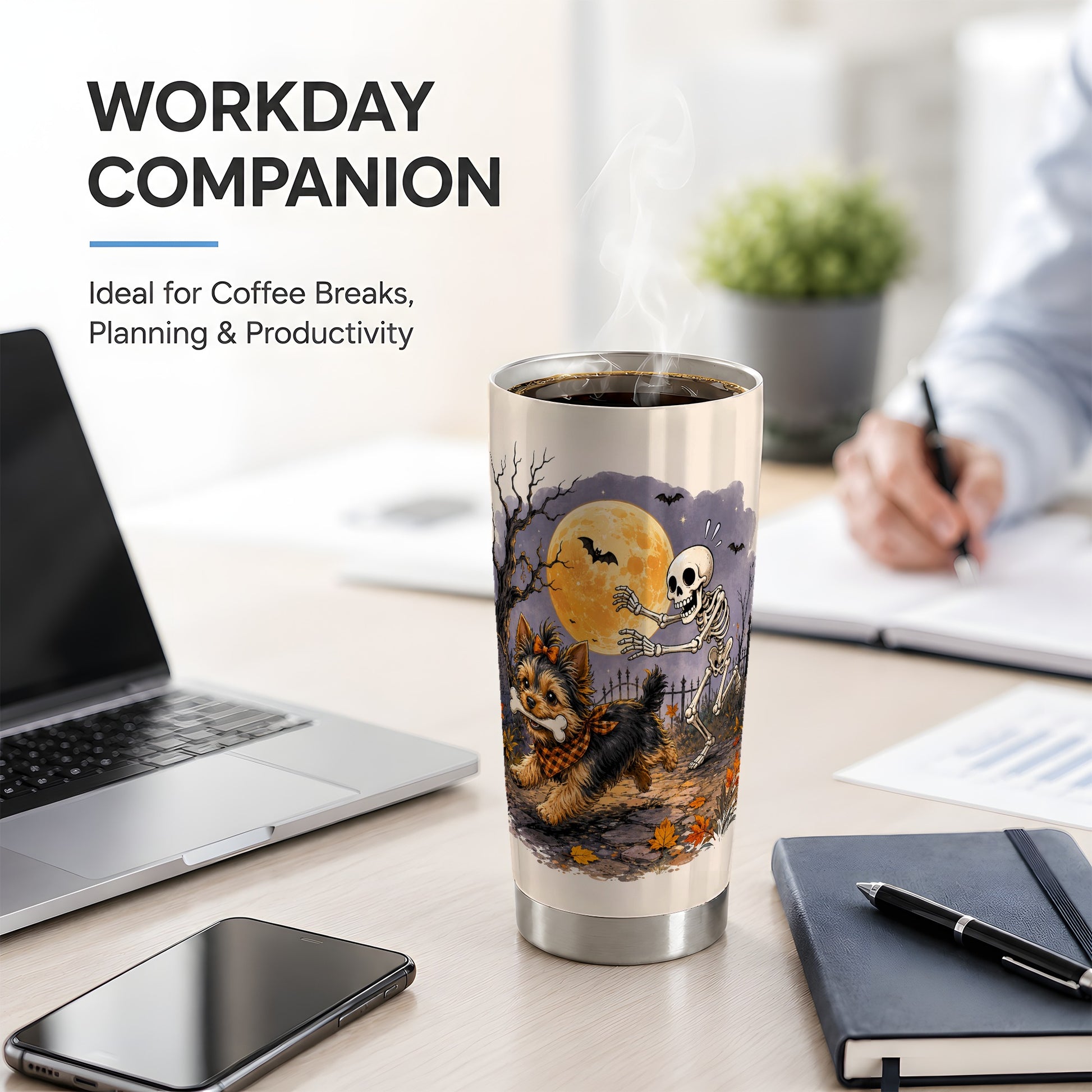 #pl[20oz|Steel] Moonlit Graveyard Yorkie 20oz Tumbler, Halloween Art for Dog Lovers