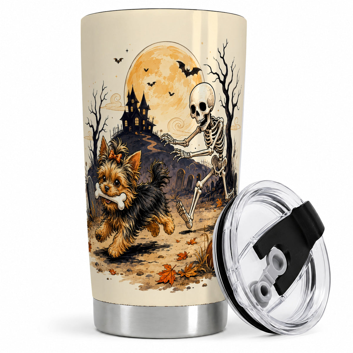 Haunted House Yorkie Chase 20oz Tumbler, Halloween Art for Dog Lovers