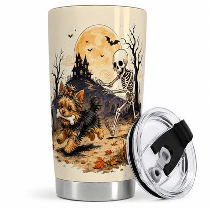 Haunted House Yorkie Chase 20oz Tumbler, Halloween Art for Dog Lovers