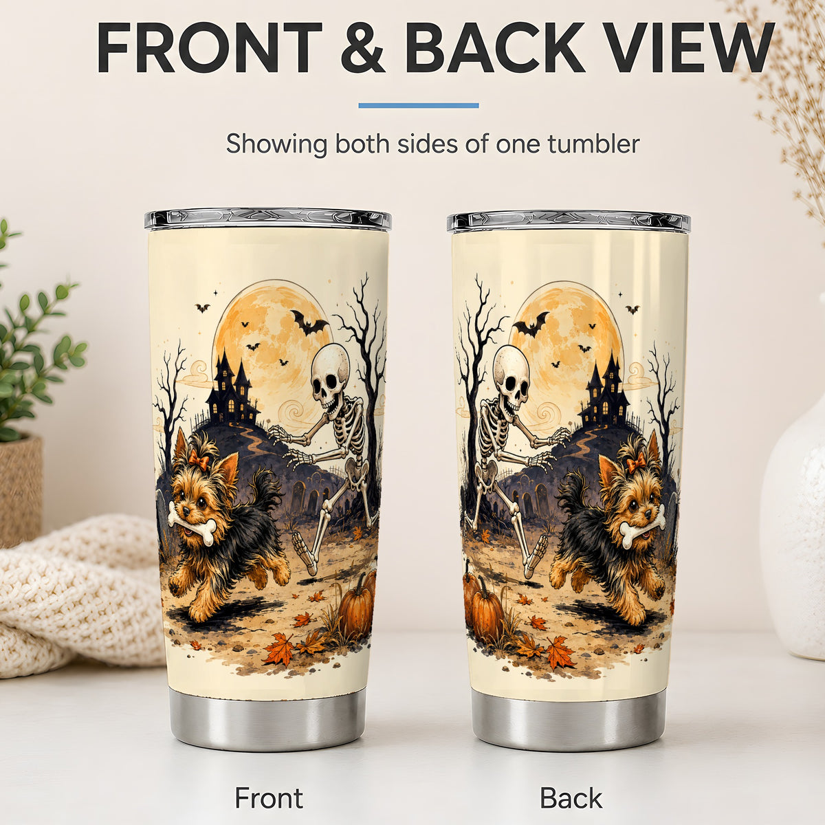 #pl[20oz|Steel] Haunted House Yorkie Chase 20oz Tumbler, Halloween Art for Dog Lovers