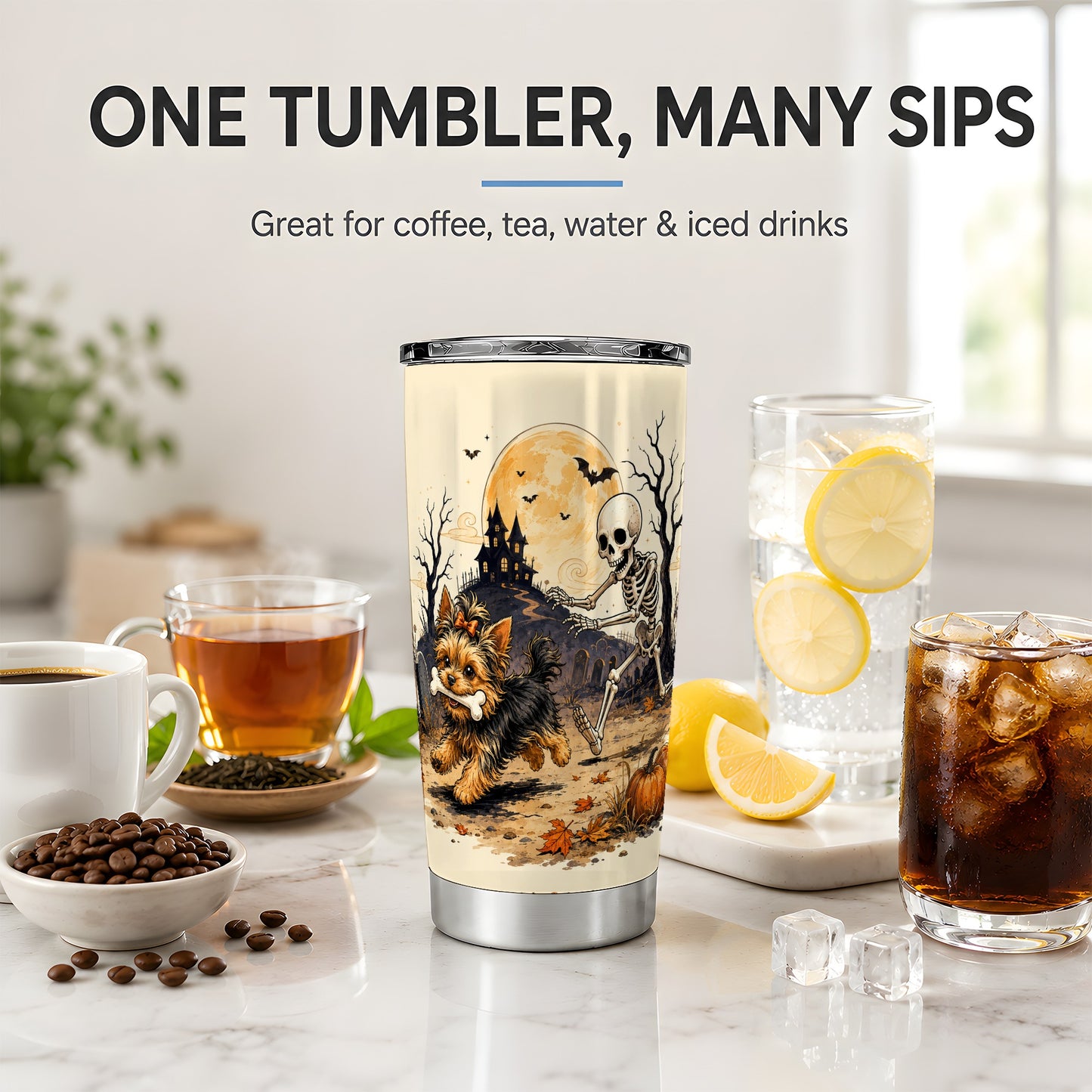 #pl[20oz|Steel] Haunted House Yorkie Chase 20oz Tumbler, Halloween Art for Dog Lovers