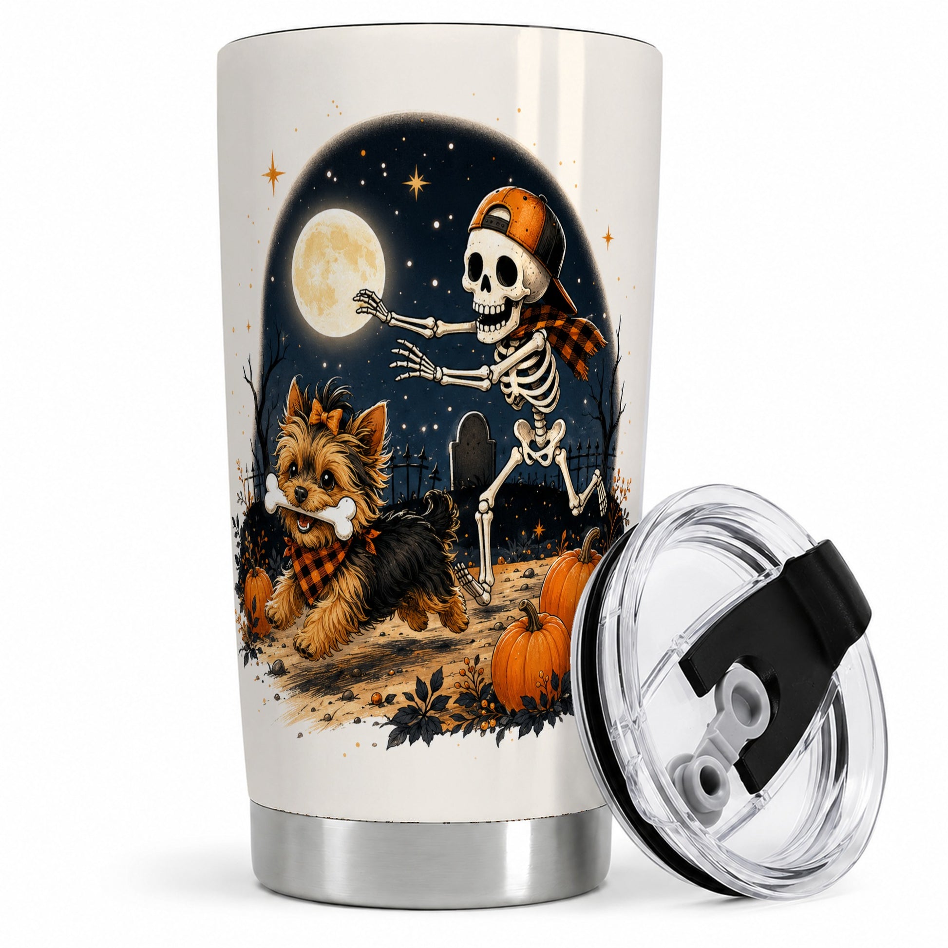 Midnight Yorkie Skeleton 20oz Tumbler, Halloween Art for Dog Lovers