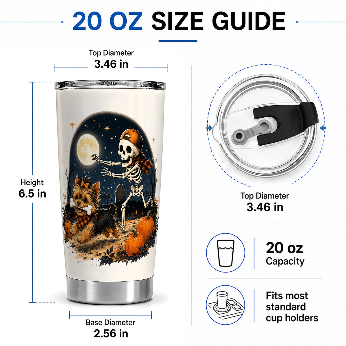#pl[20oz|Steel] Midnight Yorkie Skeleton 20oz Tumbler, Halloween Art for Dog Lovers