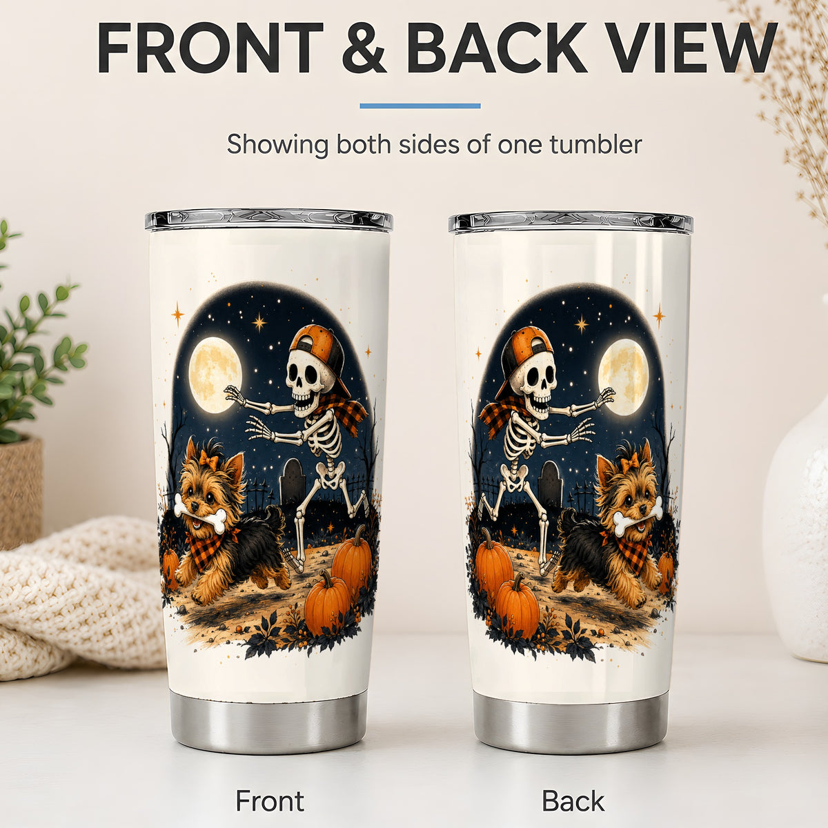 #pl[20oz|Steel] Midnight Yorkie Skeleton 20oz Tumbler, Halloween Art for Dog Lovers