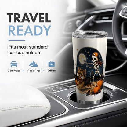 #pl[20oz|Steel] Midnight Yorkie Skeleton 20oz Tumbler, Halloween Art for Dog Lovers