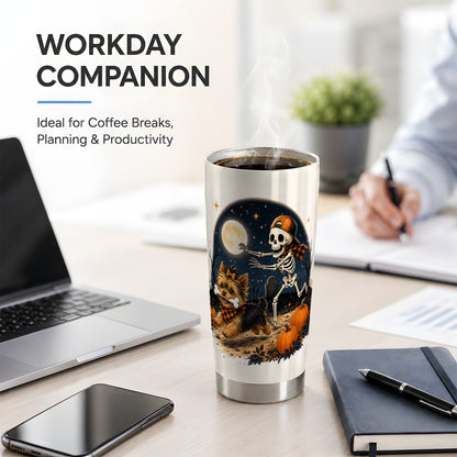 #pl[20oz|Steel] Midnight Yorkie Skeleton 20oz Tumbler, Halloween Art for Dog Lovers