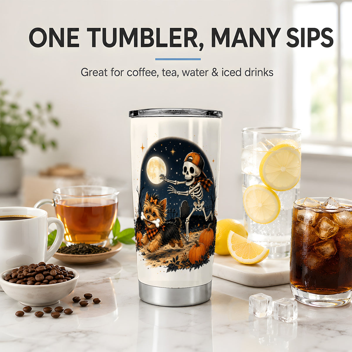 #pl[20oz|Steel] Midnight Yorkie Skeleton 20oz Tumbler, Halloween Art for Dog Lovers