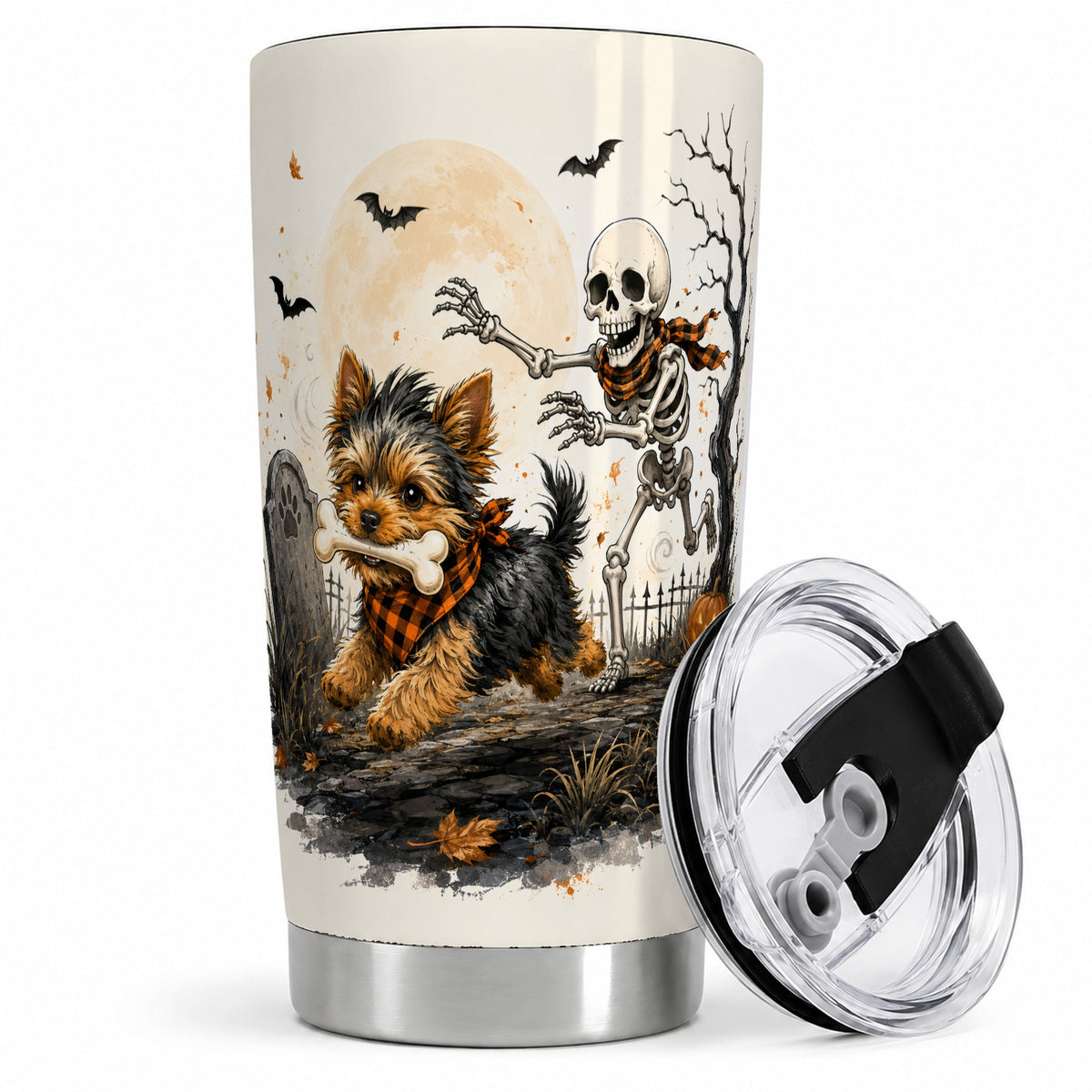 Halloween Yorkie 20oz Tumbler, Skeleton Graveyard Dog Artwork