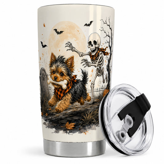 Halloween Yorkie 20oz Tumbler, Skeleton Graveyard Dog Artwork