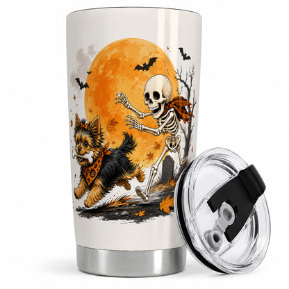 Halloween Yorkie 20oz Tumbler, Orange Moon Skeleton Dog Design