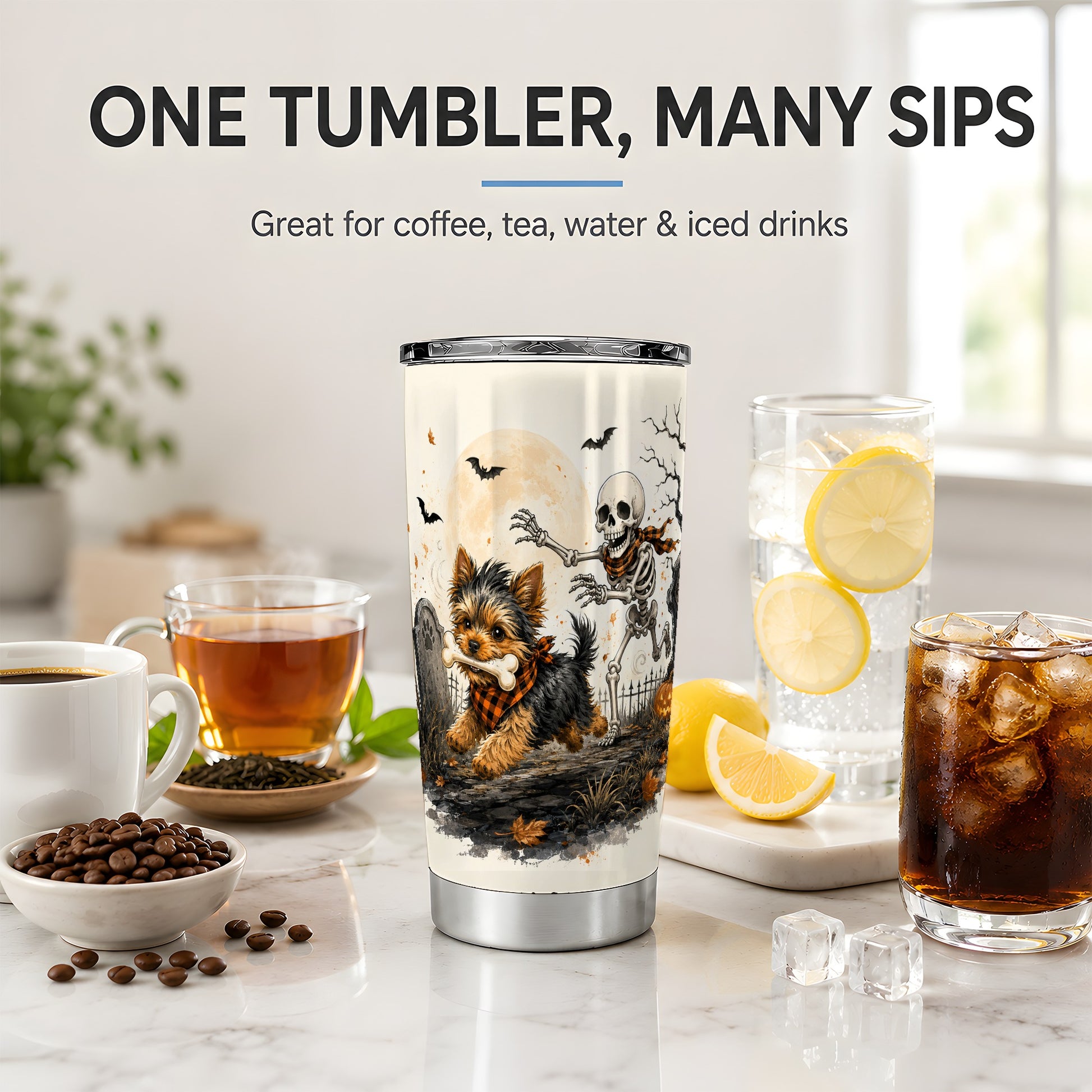 #pl[20oz|Steel] Halloween Yorkie 20oz Tumbler, Skeleton Graveyard Dog Artwork