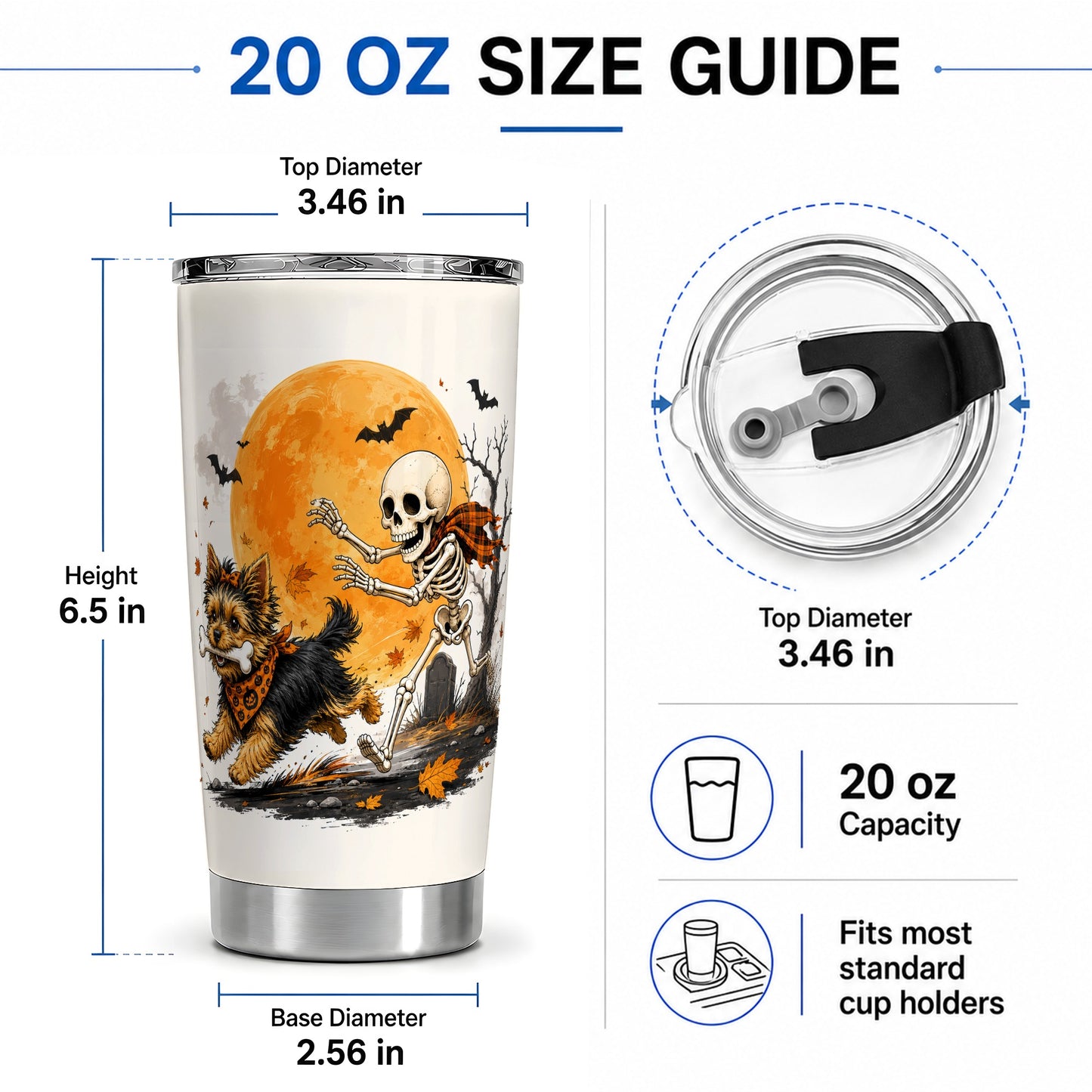#pl[20oz|Steel] Halloween Yorkie 20oz Tumbler, Orange Moon Skeleton Dog Design