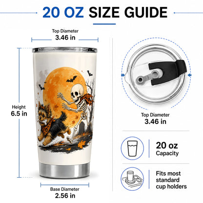 #pl[20oz|Steel] Halloween Yorkie 20oz Tumbler, Orange Moon Skeleton Dog Design