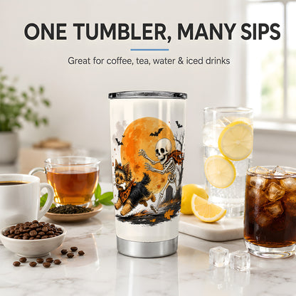 #pl[20oz|Steel] Halloween Yorkie 20oz Tumbler, Orange Moon Skeleton Dog Design