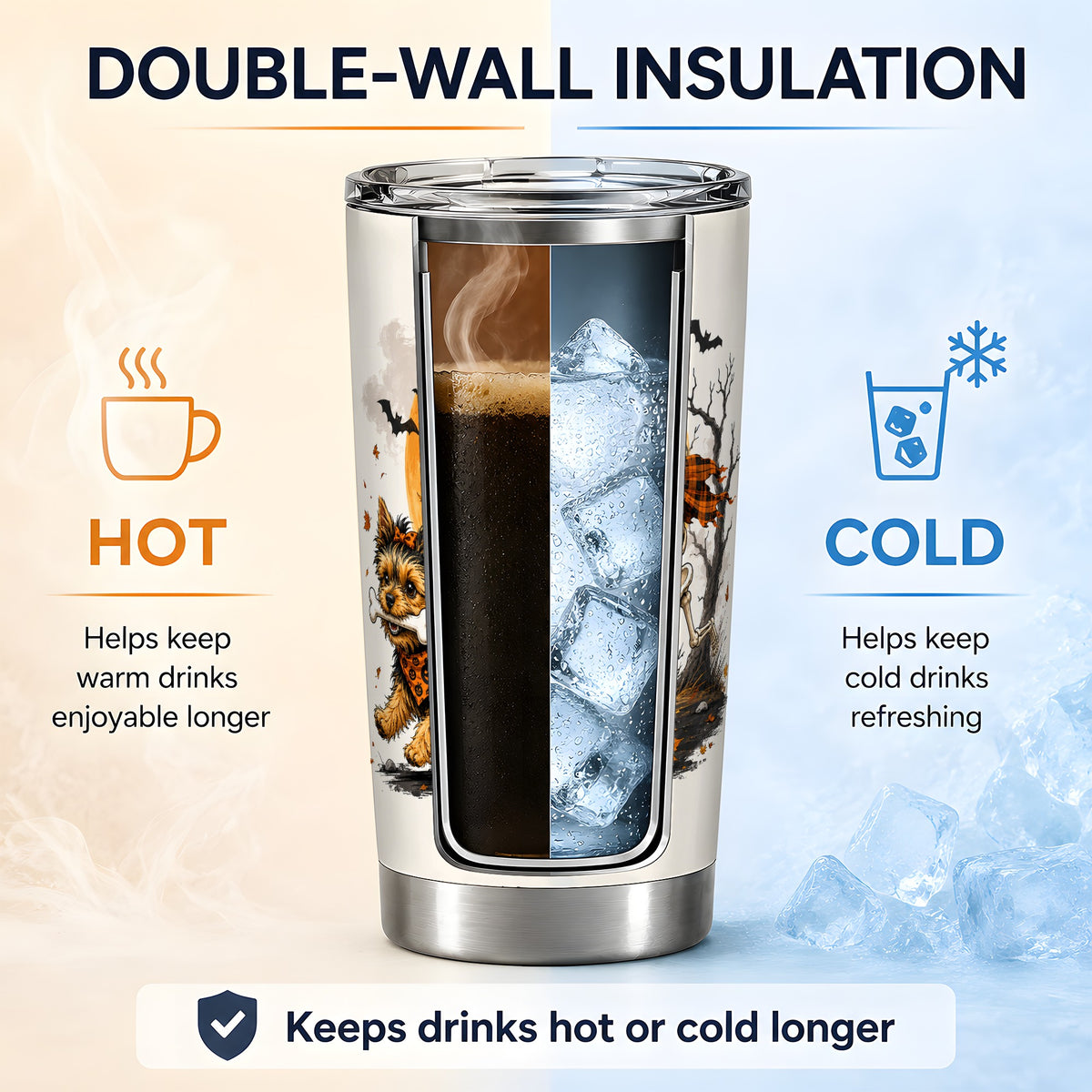 #pl[20oz|Steel] Halloween Yorkie 20oz Tumbler, Orange Moon Skeleton Dog Design